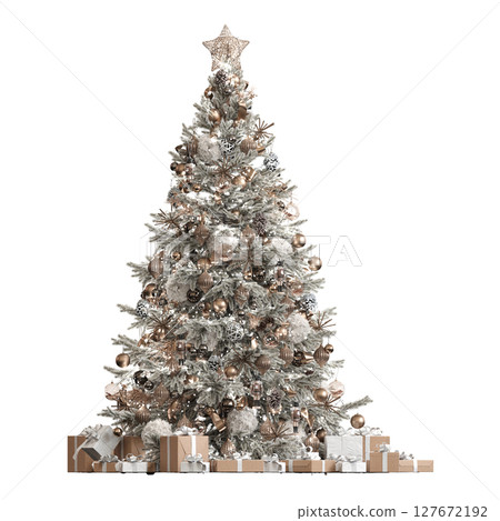 Christmas tree with decorations, isolate on a transparent background, 3d illustration, cg render Christmas tree with decorations, isolate on a transparent background, 3d illustration, cg render 127672192