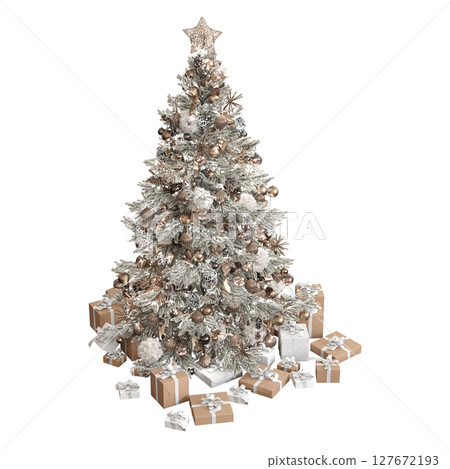 Christmas tree with decorations, isolate on a transparent background, 3d illustration, cg render 127672193