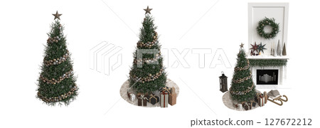 Christmas tree with decorations, isolate on a transparent background, 3d illustration, cg render Christmas tree with decorations, isolate on a transparent background, 3d illustration, cg render 127672212