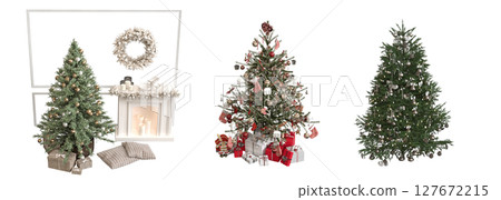 Christmas tree with decorations, isolate on a transparent background, 3d illustration, cg render 127672215