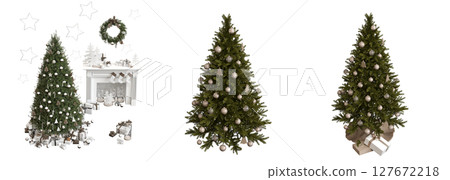 Christmas tree with decorations, isolate on a transparent background, 3d illustration, cg render Christmas tree with decorations, isolate on a transparent background, 3d illustration, cg render 127672218