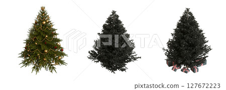 Christmas tree with decorations, isolate on a transparent background, 3d illustration, cg render 127672223
