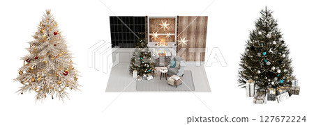 Christmas tree with decorations, isolate on a transparent background, 3d illustration, cg render 127672224