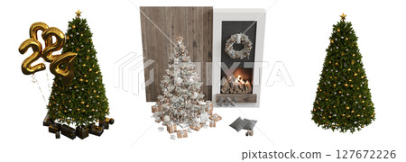 Christmas tree with decorations, isolate on a transparent background, 3d illustration, cg render Christmas tree with decorations, isolate on a transparent background, 3d illustration, cg render 127672226