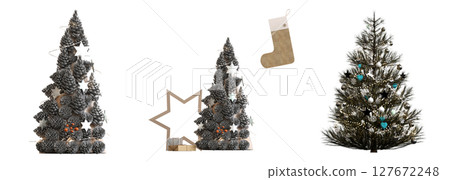 Christmas tree with decorations, isolate on a transparent background, 3d illustration, cg render 127672248