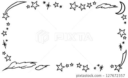 Star and moon hand-drawn style black and white frame 127672357
