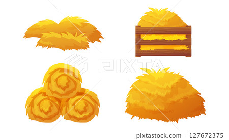Set of hay and straw clipart. Includes flat farm piles, isolated bales, grass stacks, wooden box, rake, and sack. Perfect for village scenes, agriculture projects, and rural icons. Set of hay and straw clipart. Includes flat farm piles, isolated bales, grass stacks, wooden box, rake, and sack. Perfect for village scenes, agriculture projects, and rural icons. 127672375