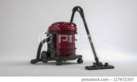 Industrial vacuum cleaner standing on plain white background, full view, modern design with visible hoses and wheels 127672397