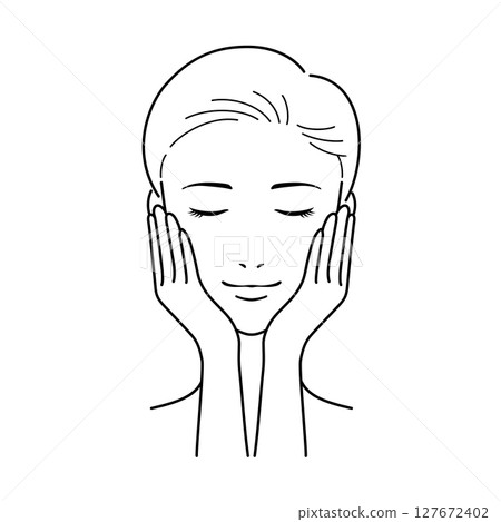 A woman with short hair doing skin care, with both hands on her cheeks 127672402