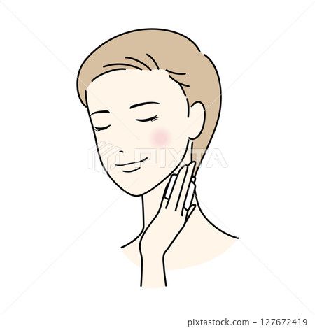 A woman with short hair doing skin care A woman with short hair doing skin care 127672419