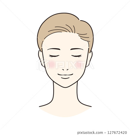 A woman with short hair doing skin care with her eyes closed A woman with short hair doing skin care with her eyes closed 127672420