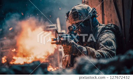 Soldier in tactical gear shoots machine gun at enemy while hiding behind barricade, chaos on battlefield, military action 127672432