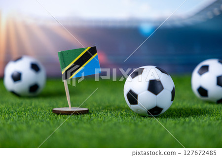 Tanzania flag stands on green grass among soccer balls, symbolizing national participation in global football events and championship competition 127672485