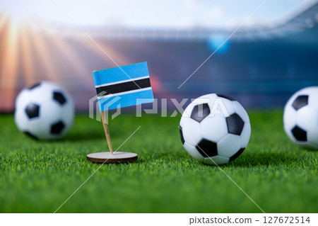 Small flag of Botswana proudly stands with miniature soccer balls on vibrant green grass, symbolizing the nation's passion for global football and team spirit Small flag of Botswana proudly stands with miniature soccer balls on vibrant green grass, symbolizing the nation's passion for global football and team spirit 127672514