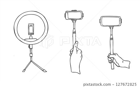 Ring light and hands holding smartphone on monopod vector illustration painted by black inks. portable tools set for content creator, photography equipment guide, social media marketing visual. 127672825
