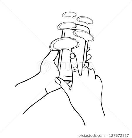 Thumb scrolling on a smartphone screen with flying message bubbles black and white vector illustration. Online communication line art for UI, UX design, social media concept, digital project. 127672827