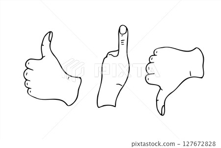 Black and white drawing of hand gestures showing like, OK and dislike signs. Finger giving thumbs up, the rest of the fingers are clenched into fist vector illustration. For social media interfaces Black and white drawing of hand gestures showing like, OK and dislike signs. Finger giving thumbs up, the rest of the fingers are clenched into fist vector illustration. For social media interfaces 127672828