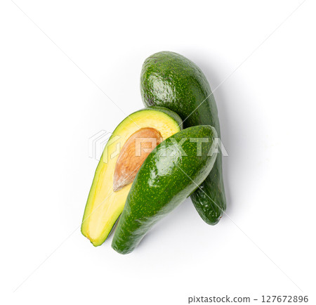 Avocado Isolated, Whole Avokado, Green Avocados Slice, Fresh Alligator Pear, Long Avocado Fruit 127672896