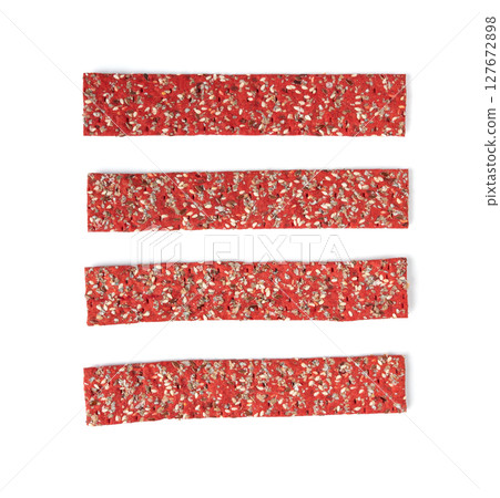 Beetroot crackers, thin rusk beet root bread, red diet multigrain crispbread, various seeds 127672898