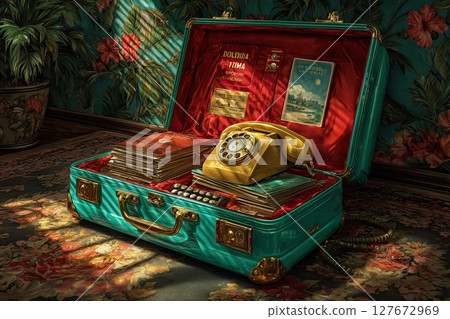 An open suitcase in hotel room full of severed hands and fake passports,pulp hard-boiled 1960s Italian comic book cover, 127672969
