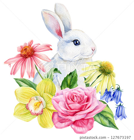 White watercolor bunny with pink yellow wildflowers and green leaves woodland rabbit illustration for nursery wall art 127673197