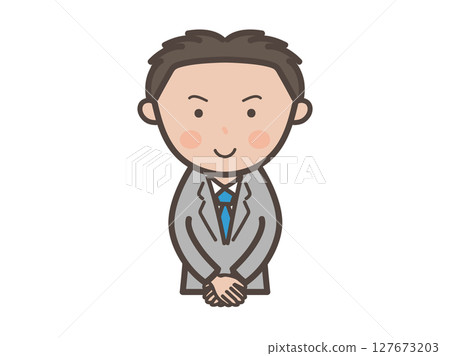 一位年輕男性商人以顧客服務姿勢打招呼的上身插圖 127673203