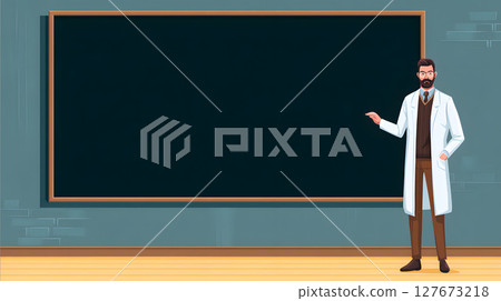 A male doctor in a white coat explaining on a blackboard 127673218