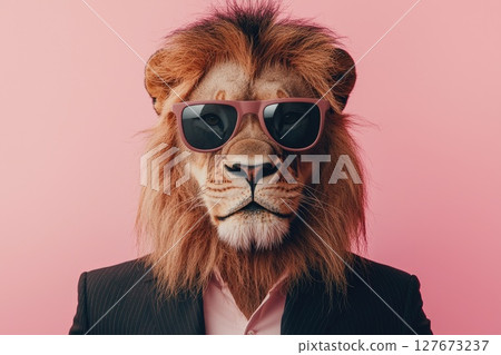Stylish Animal in Sunglasses and Suit on Pastel Background with Copy Space, Surreal and Chic Concept Stylish Animal in Sunglasses and Suit on Pastel Background with Copy Space, Surreal and Chic Concept 127673237