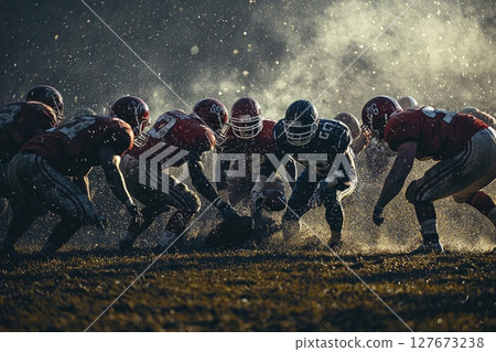 Dramatic American Football Teams Battle for Victory Under Bright Lights Dramatic American Football Teams Battle for Victory Under Bright Lights 127673238