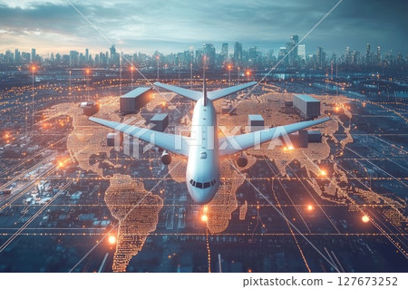 Global Logistics Network Concept with Airplane, Cargo Ship and Trucks on World Map Banner 127673252