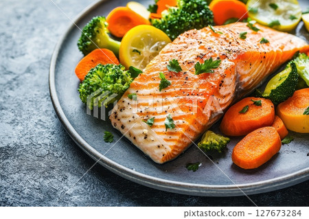 A plate of food with salmon, broccoli, carrots, and lemon slices 127673284