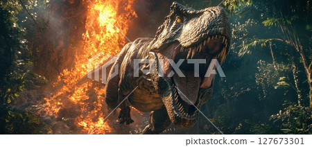 A T-Rex is seen in a fiery explosion, with its mouth open and teeth bared 127673301