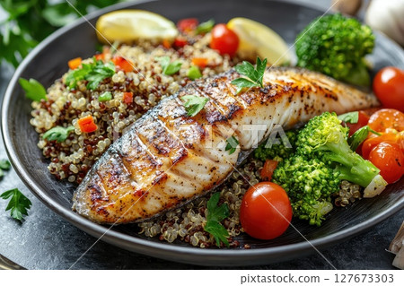 A plate of food with a fish fillet, tomatoes, broccoli, and quinoa 127673303