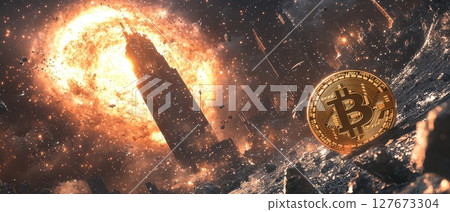 A large building is destroyed in the background while a coin with the letter B on it is floating in the foreground 127673304