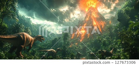 The volcano is spewing lava, creating a sense of danger and excitement The volcano is spewing lava, creating a sense of danger and excitement 127673306