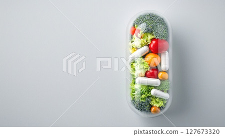 Nutrient-Rich Natural Supplements Concept with Streams of Fruits and Vegetables in Capsule Form Nutrient-Rich Natural Supplements Concept with Streams of Fruits and Vegetables in Capsule Form 127673320