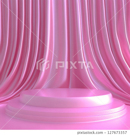 Glossy pink podium against a backdrop of elegant silk curtains for product presentation. Generative AI 127673357