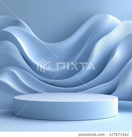 Single-tiered blue podium against a backdrop of soft, wavy drapes for product display. Generative AI 127673362
