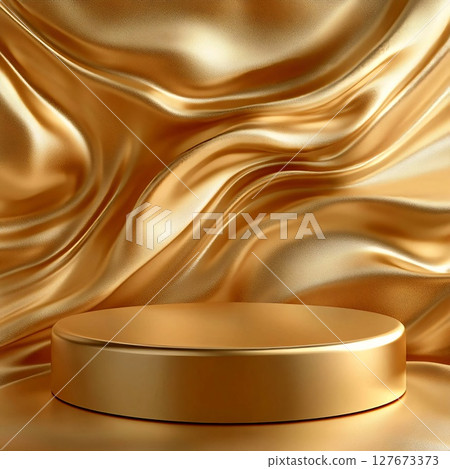 Single-tiered gold podium against a backdrop of luxurious wavy silk drapes for product display. Generative AI 127673373
