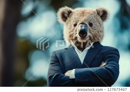 A bear wearing a suit and tie is posing for a picture A bear wearing a suit and tie is posing for a picture 127673407