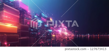 A city skyline with neon lights and a dark sky 127673413