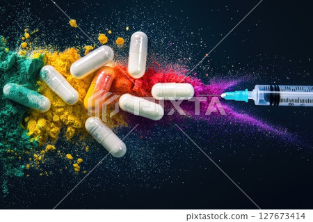 A colorful pill bottle with a syringe next to it, Concept of medicine and health 127673414