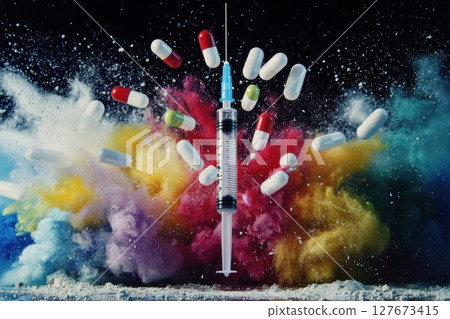 A syringe is surrounded by a cloud of colorful pills, chaos and disorder, Concept of medicine and health 127673415