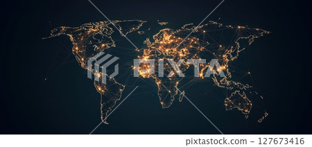 A globe with lights on it. The globe is lit up with a dark background, Concept of interconnectedness and the vastness of the world A globe with lights on it. The globe is lit up with a dark background, Concept of interconnectedness and the vastness of the world 127673416