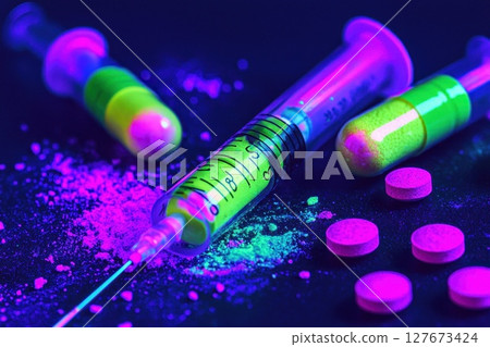 A syringe with a green and yellow cap is on a table with pills, Concept of medicine and health 127673424