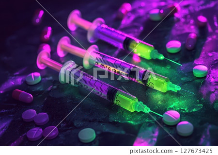 Three syringes with a green and purple tip are on a table with pills, mystery and intrigue Three syringes with a green and purple tip are on a table with pills, mystery and intrigue 127673425