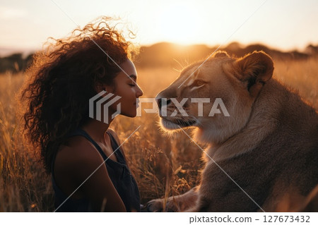 A woman is sitting in the grass next to a lion. The woman is touching the lion's face A woman is sitting in the grass next to a lion. The woman is touching the lion's face 127673432