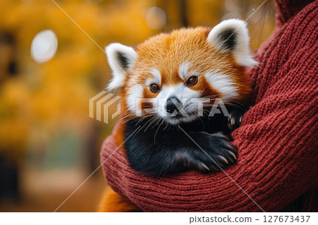 A person is holding a small red panda, with the person and the animal sharing a close bond 127673437