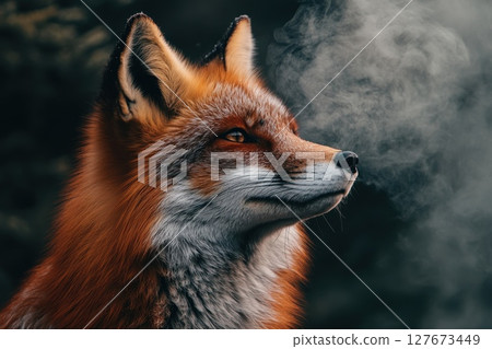 A fox is standing in front of a wall with smoke coming out of it 127673449