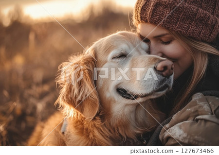 A woman is hugging a dog with a red hat on. The dog is brown and he is happy 127673466